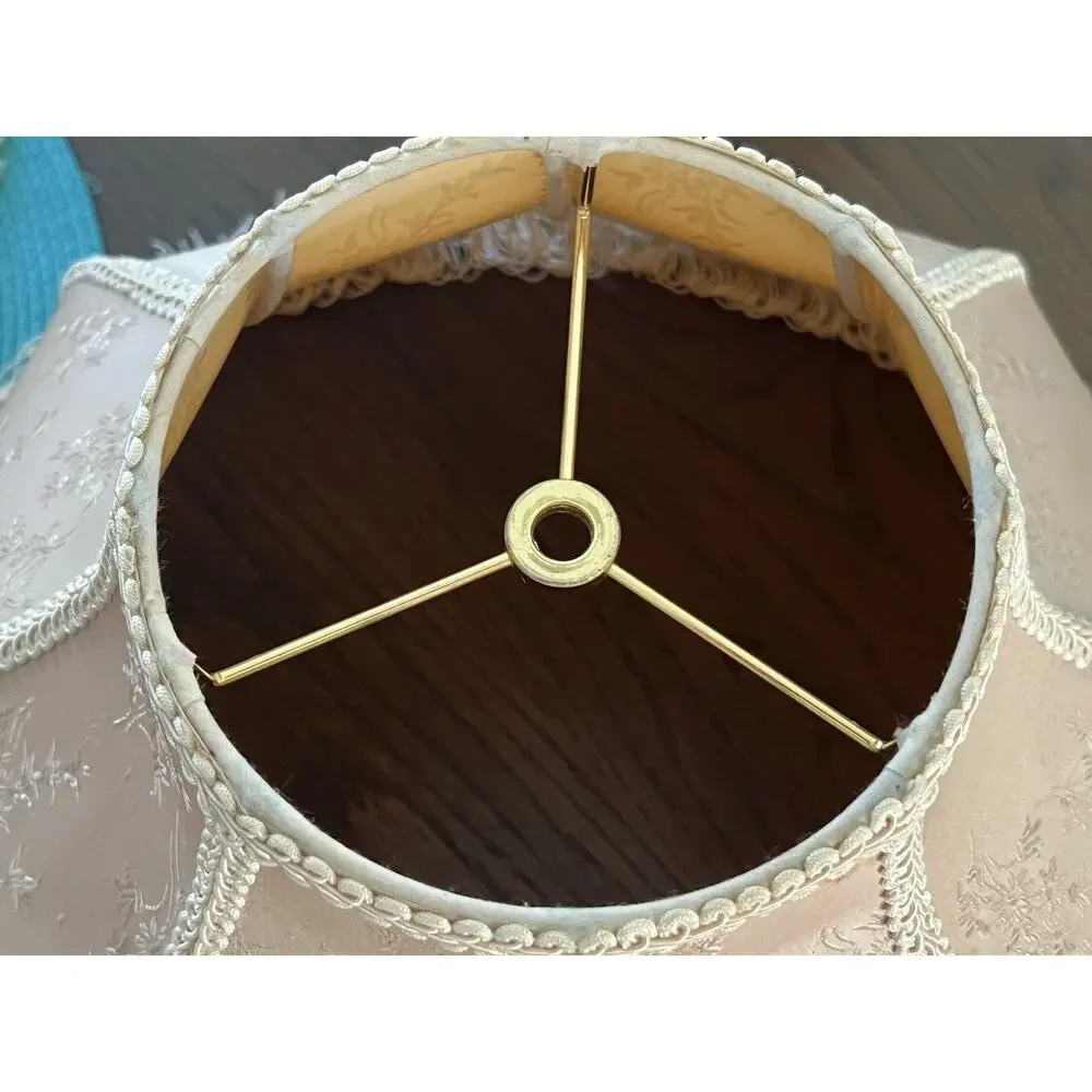 Vtg Victorian Damask Brocade 8 Panel Fringe Ivory Cream Lamp Shade 18